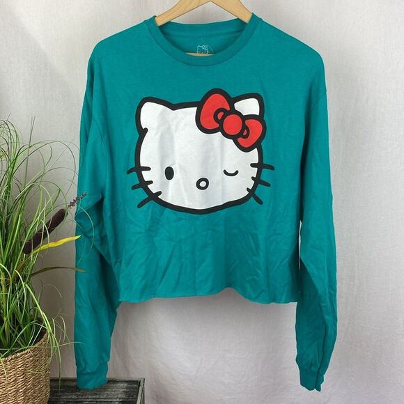 Hello Kitty Blue Graphic Print Long Sleeve Cropped Cotton T Tee Shirt L - Picture 2 of 6